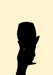 Silhouette of hand holding a wine glass. Icon of cup on fist finger concept. Vector illustration.