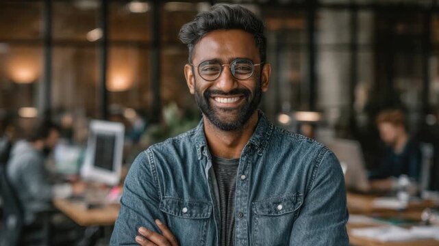 Confident Professional: A charismatic man with spectacles and a warm smile radiates confidence, set against a modern office background.