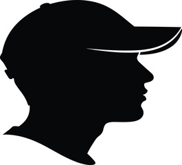 Black silhouette of man in baseball cap, profile view, vector illustration, male head icon, simple graphic, isolated design