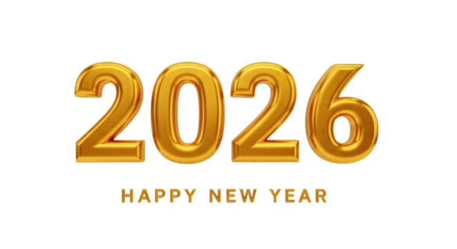 Golden 3d 2026 happy new year text with metallic sheen for festive events