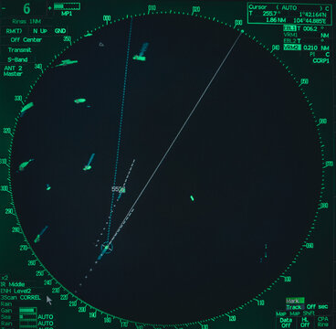 Cargo ship radar screen with ARPA and AIS in Singapore Strait
