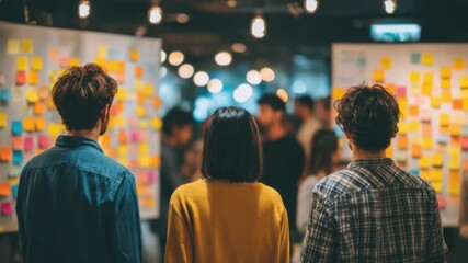 Innovative Insights: Three individuals stand engaged in front of large boards adorned with a colorful array of sticky notes, representing a collaborative brainstorming session, fostering innovation.