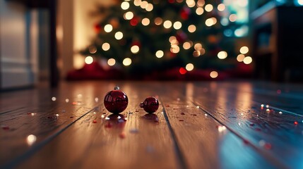 Festive christmas decorations on hardwood floor with glowing tree lights at home