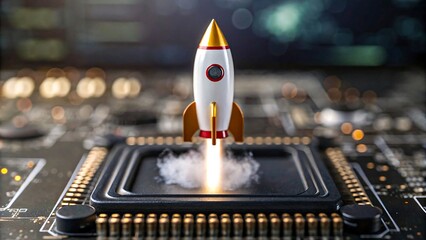 Mini rocket launching from microchip symbolizing technology innovation
