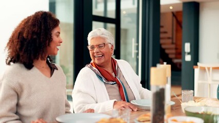 Family, food and women with discussion, funny and bonding together with social gathering. Home, adult daughter and conversation with healthy lunch, event and celebration with love, laugh or happiness