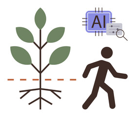 Human figure next to plant with roots and AI icon, indicating growth and technology integration. Ideal for sustainability, technology, innovation, growth, nature, future progress. Simple flat