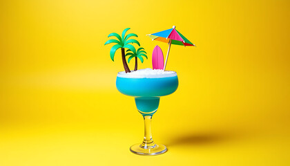 Blue Tropical Cocktail with Palm, Surfboard, and Pink Umbrella on Yellow Background