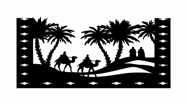 Elegant desert caravan silhouette with palm trees, evokes adventure, travel, and exotic eastern vibes