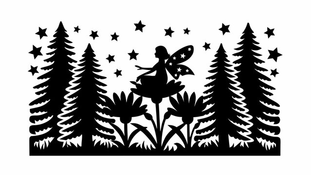 Enchanting fairy sitting on flower in forest silhouette with stars, whimsical nature scene for crafting and design