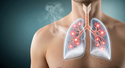 Human torso with transparent lungs illuminated by glowing red nodes, depicting respiratory health and illness, surrounded by a smoky atmosphere, illustrating the impact of air quality on well-being