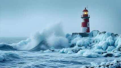 .A red lighthouse with icy waves, everything encased in shimmering frost
