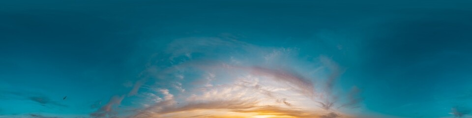 Fototapeta premium Seamless 360 HDR spherical panorama of sunset sky with vibrant pink Cirrus clouds. Full zenith or sky dome in 3D, sky replacement for aerial drone panoramas. Climate and weather change.