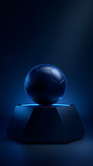 A dark soccer ball on a pedestal with blue lighting in a dark studio setting scene silhouette