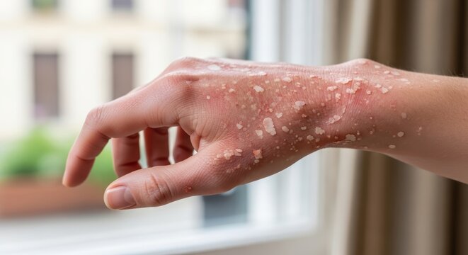 Close-up of a hand with skin condition showing red patches and blisters, illuminated by natural light from a window, representing health challenges and personal struggles - Powered by Adobe