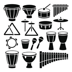 Collection of percussion instrument silhouette isolated on white background for musical instrument store and music school related design