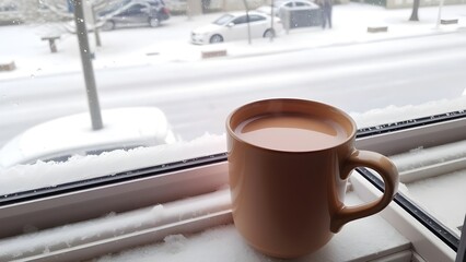A steaming mug of hot chocolate on a frosted window, outside a soft snowfall gently blankets the street