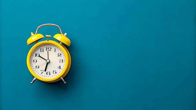 Yellow alarm clock on blue background with morning time concept

