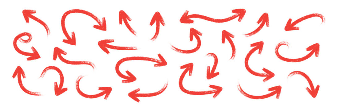 Various red brush drawn curved arrows. Collection doodle marker thick arrows in different directions. Grunge rough direction shape for design. Vector brush strokes illustration collection