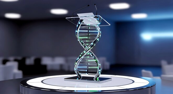 Illuminated dna structure podium with microphones in a conference room setting with audience chairs