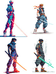 Naklejka premium Stylish futuristic samurai characters wielding glowing swords. Dynamic action poses with modern sci fi elements and vibrant color accents perfect for gaming and fantasy artwork.