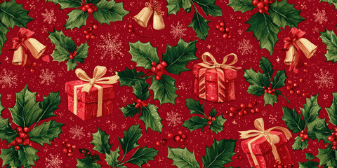 Festive Vintage Christmas Holly, Gifts, and Candy Cane Seamless Pattern