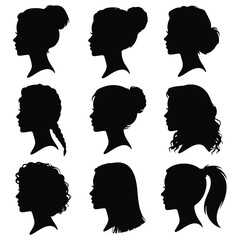Collection of diverse womans head silhouettes showcasing various hairstyles isolated on white background