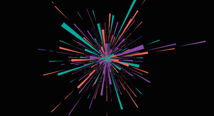 A vibrant burst of teal, orange, and purple lines radiates dynamically from a central point, creating an energetic and modern abstract design on a dark background.