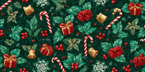 Festive Vintage Christmas Holly, Gifts, and Candy Cane Seamless Pattern