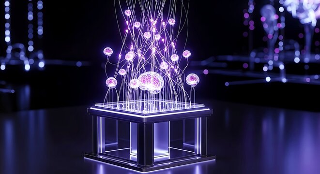 Illuminated brains connected by glowing strands on a platform in a dark futuristic setting