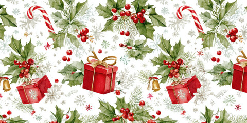Festive Vintage Christmas Holly, Gifts, and Candy Cane Seamless Pattern