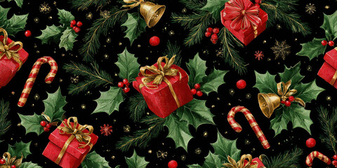 Festive Vintage Christmas Holly, Gifts, and Candy Cane Seamless Pattern