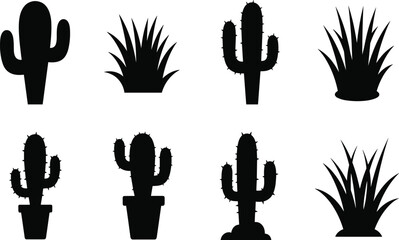 Cactus silhouette illustration, desert plant vector, agave artwork, potted cactus design, black botanical graphic, succulent foliage icon, minimal nature artwork collection