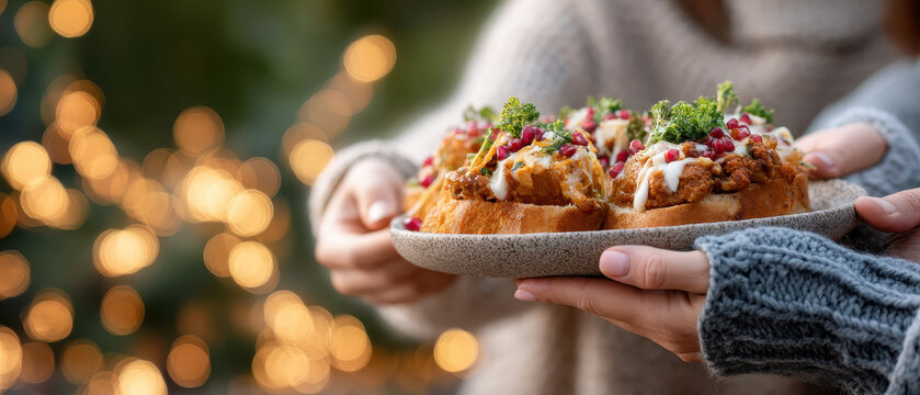Delicious thanksgiving dinner served on cozy plate brings family together during christmas celebrations, creating warm memories and joyful moments - Powered by Adobe
