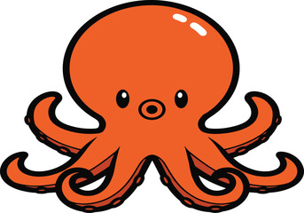 Cartoon orange octopus with rounded head curling arms suction cups, cute sea animal vector illustration, marine creature design for children education graphics