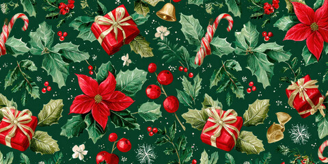Festive Vintage Christmas Holly, Gifts, and Candy Cane Seamless Pattern