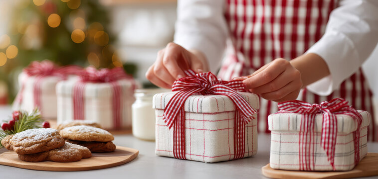 Cozy holiday scene featuring person wrapping gifts with festive ribbons, surrounded by cookies and milk, perfect for warm thanksgiving dinner and joyful christmas family gatherings
