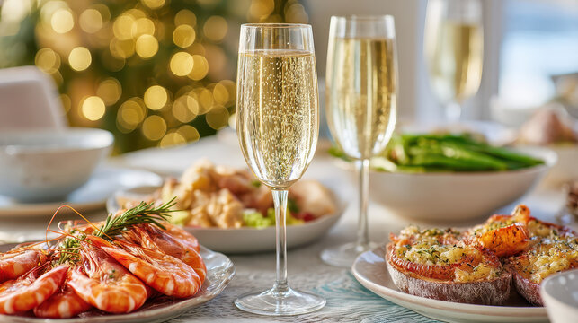 Elegant dinner setting features sparkling wine glasses alongside festive spread of shrimp and baked dishes, perfect for thanksgiving dinner or christmas family gathering - Powered by Adobe