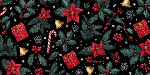 Festive Vintage Christmas Holly, Gifts, and Candy Cane Seamless Pattern