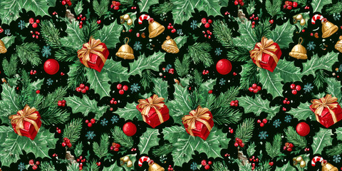 Festive Vintage Christmas Holly, Gifts, and Candy Cane Seamless Pattern
