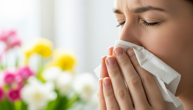 A person sneezing into a tissue, blurred flowers in the background, and bright natural light. Perfect for content on allergy awareness, seasonal sickness, and tips for preventing colds.