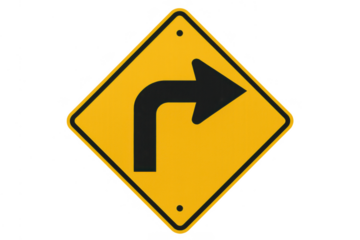 Yellow warning sign indicating a right curve or turn, providing clear directional information for navigating roads, transparent background
