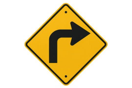 Yellow warning sign indicating a right curve or turn, providing clear directional information for navigating roads, transparent background