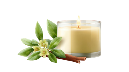 Aromatherapy spa still life with candle flame, flowers, and natural decoration for relaxation and beauty treatment