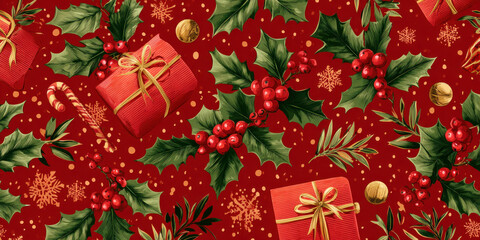 Festive Vintage Christmas Holly, Gifts, and Candy Cane Seamless Pattern