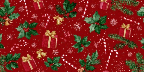 Festive Vintage Christmas Holly, Gifts, and Candy Cane Seamless Pattern