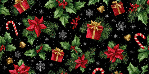 Festive Vintage Christmas Holly, Gifts, and Candy Cane Seamless Pattern