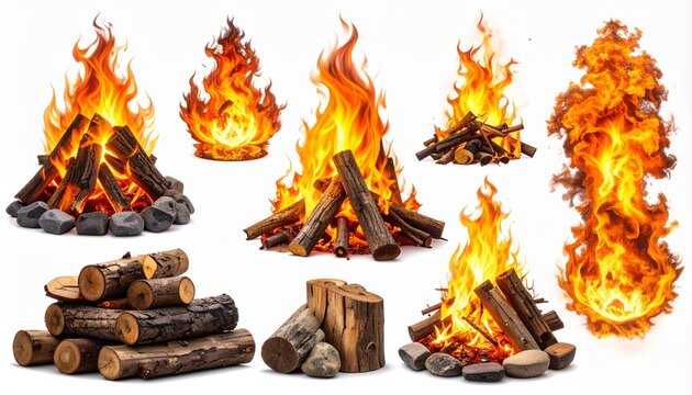 Set of various campfires, bonfires, and burning wood logs with bright orange flames isolated on white background. Collection of burning fire for camping, outdoor activities, and warmth.
