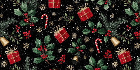 Festive Vintage Christmas Holly, Gifts, and Candy Cane Seamless Pattern