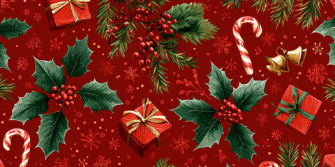 Festive Vintage Christmas Holly, Gifts, and Candy Cane Seamless Pattern