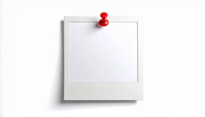 Blank instant photo frame with red pushpin on white background, perfect for memories, notes, or creative mockups